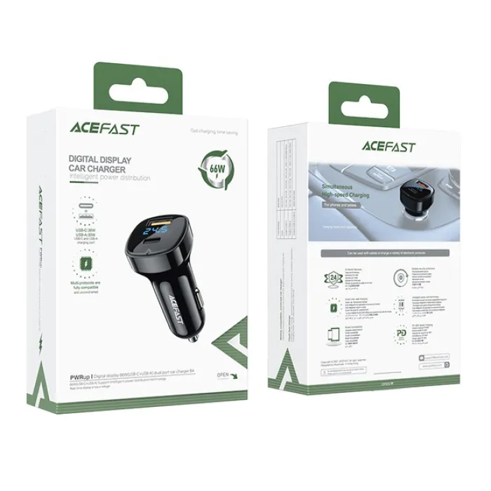 Автомобільний зарядний пристрій Acefast B4 Digital Display USB-C + USB-A 66w