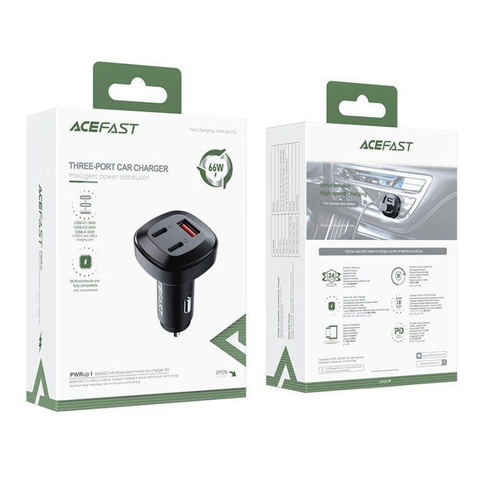 Автомобільний зарядний пристрій Acefast Metal B3 USB-C+USB-C+USB-A 66W