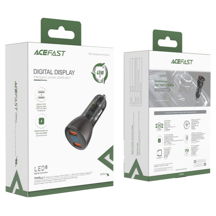 Автомобільний зарядний пристрій Acefast B7 Metal Dual USB with digital display 45W