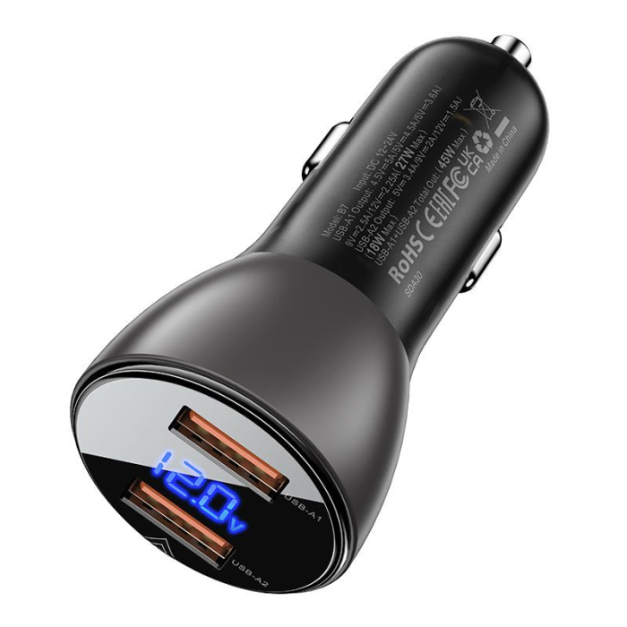Автомобільний зарядний пристрій Acefast B7 Metal Dual USB with digital display 45W
