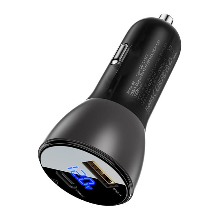 Автомобільний зарядний пристрій Acefast B6 Metal USB + USB-C with digital display 63W