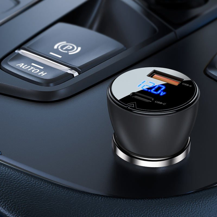 Автомобільний зарядний пристрій Acefast B6 Metal USB + USB-C with digital display 63W