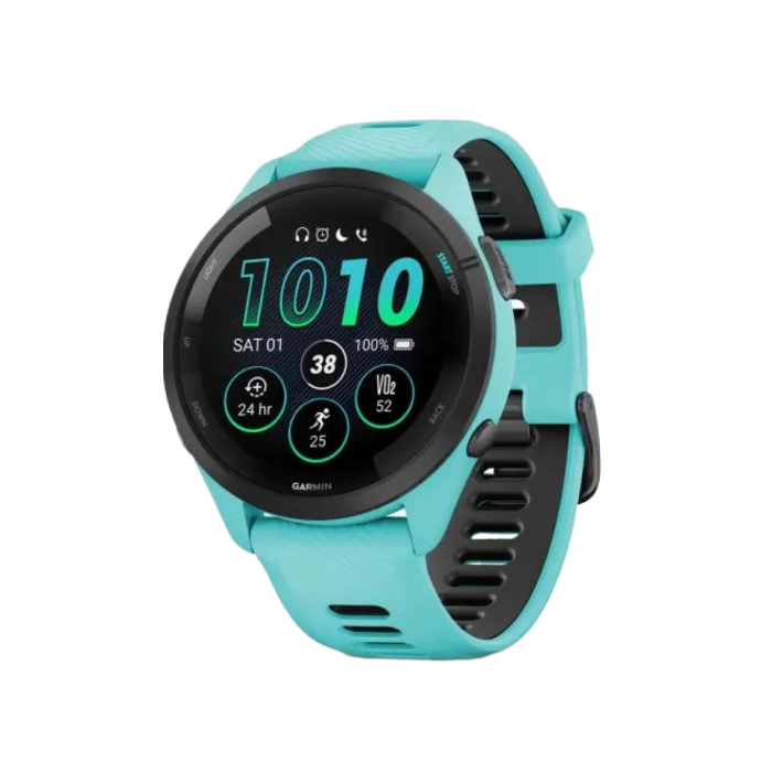 Garmin Forerunner 265 Black Bezel w. Aqua Case and Aqua/Black Silicone Band