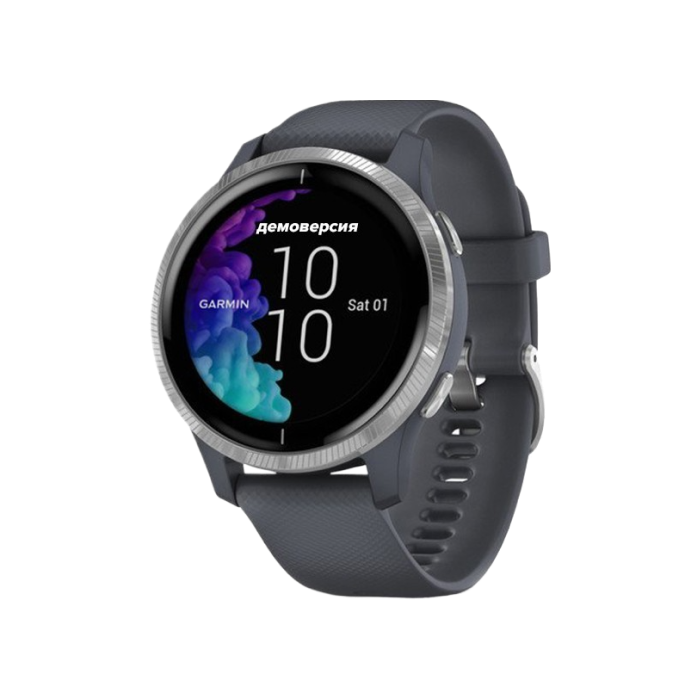 Garmin Venu Silver Stainless Steel Bezel w. Granite Blue and Silicone B.