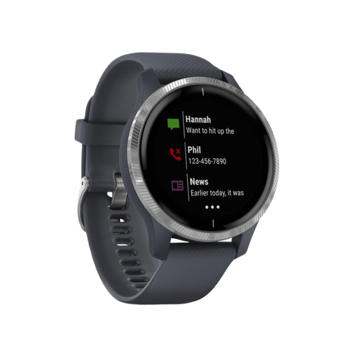 Garmin Venu Silver Stainless Steel Bezel w. Granite Blue and Silicone B.