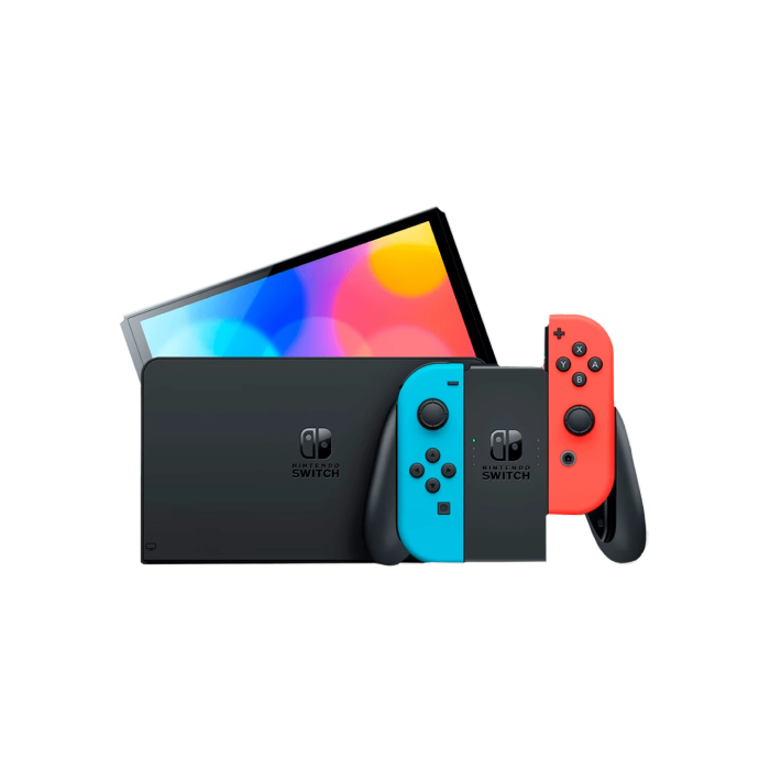 Nintendo Switch OLED with Neon Blue and Neon Red Joy-Con