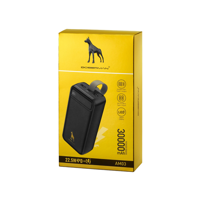 Павербанк Doberman 30000 mAh 22.5W з ліхтариком і швидкою зарядкою