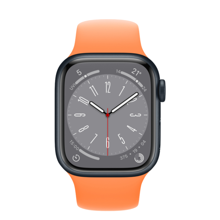 Apple Watch Series 8 GPS 41mm Midnight Aluminum Case With Bright Orange Sport Band