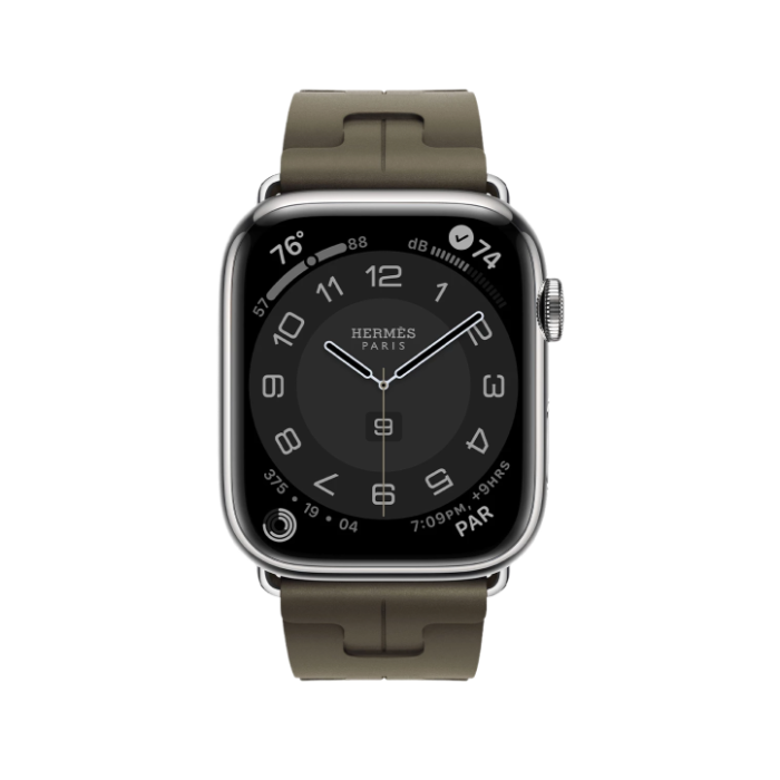Apple Watch Hermès Series 9 GPS + Cellular, 41mm Silver Stainless Steel Case with Kaki Kilim Single Tour