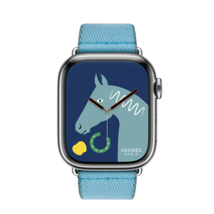 Apple Watch Hermès Series 9 GPS + Cellular, 41mm Silver Stainless Steel Case with Bleu Céleste/Bleu Jean Twill Jump Single Tour