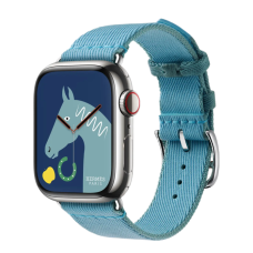 Apple Watch Hermès Series 9 GPS + Cellular, 45mm Silver Stainless Steel Case with Bleu Céleste/Écru Toile H Single Tour (MRQP3+MWNW3)