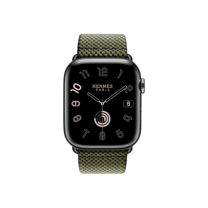 Apple Watch Hermès Series 9 GPS + Cellular 45mm Space Black Stainless Steel Case with Vert/Noir Toile H Single Tour