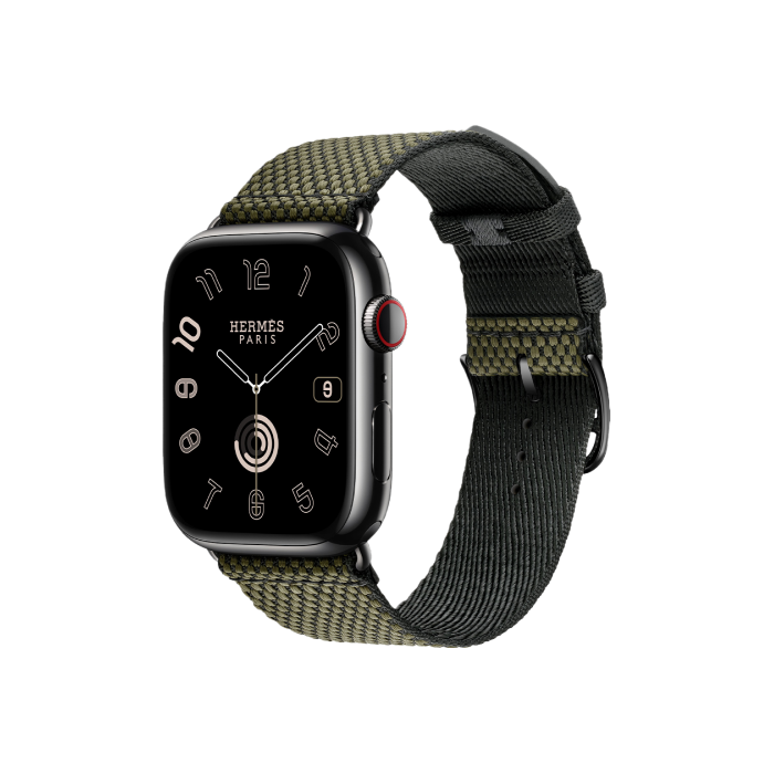 Apple Watch Hermès Series 9 GPS + Cellular 45mm Space Black Stainless Steel Case with Vert/Noir Toile H Single Tour (MRQQ3+MTJK3)