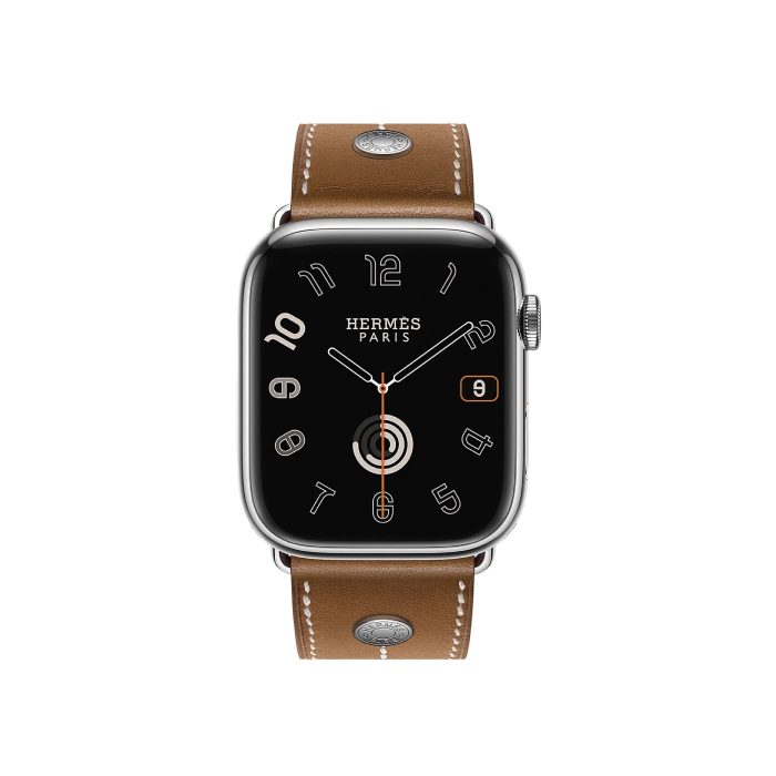 Apple Watch Hermès Series 9 GPS + Cellular 45mm Silver Stainless Steel Case with Fauve Barenia calfskin Single Tour