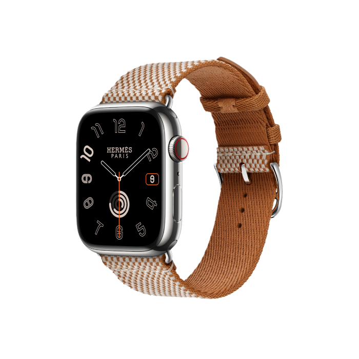 Apple Watch Hermès Series 9 GPS + Cellular 45mm Silver Stainless Steel Case with Gold/Ecru Toile H Single Tour (MRQP3+MTJJ3)