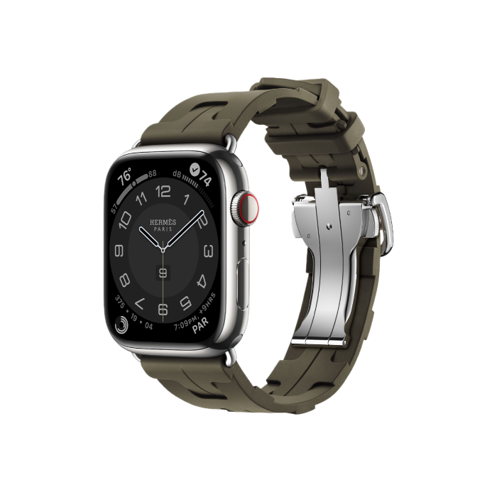 Apple Watch Hermès Series 9 GPS + Cellular 45mm Silver Stainless Steel Case with Kaki Kilim Single Tour (MRQP3+MTJ23)