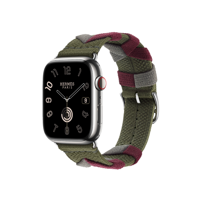 Apple Watch Hermès Series 9 GPS + Cellular 45mm Silver Stainless Steel Case with Kaki Bridon Single Tour (MRQP3+MTHR3)