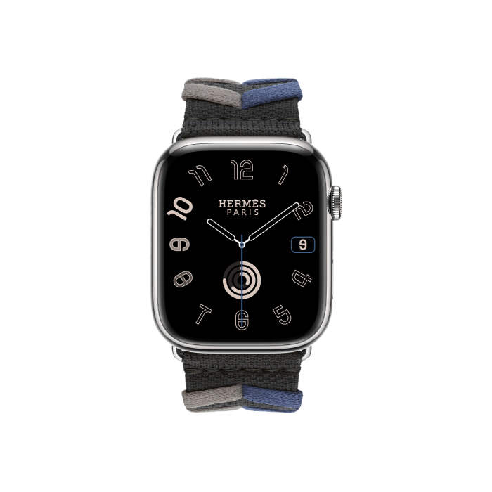Apple Watch Hermès Series 9 GPS + Cellular 45mm Silver Stainless Steel Case with Noir Bridon Single Tour