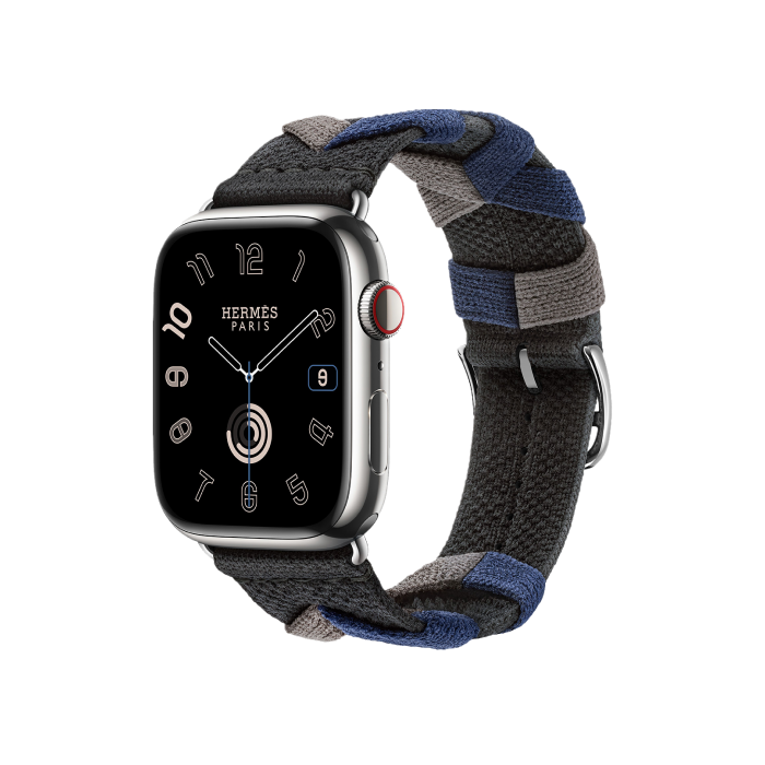 Apple Watch Hermès Series 9 GPS + Cellular 45mm Silver Stainless Steel Case with Noir Bridon Single Tour (MRQP3+MTHQ3)