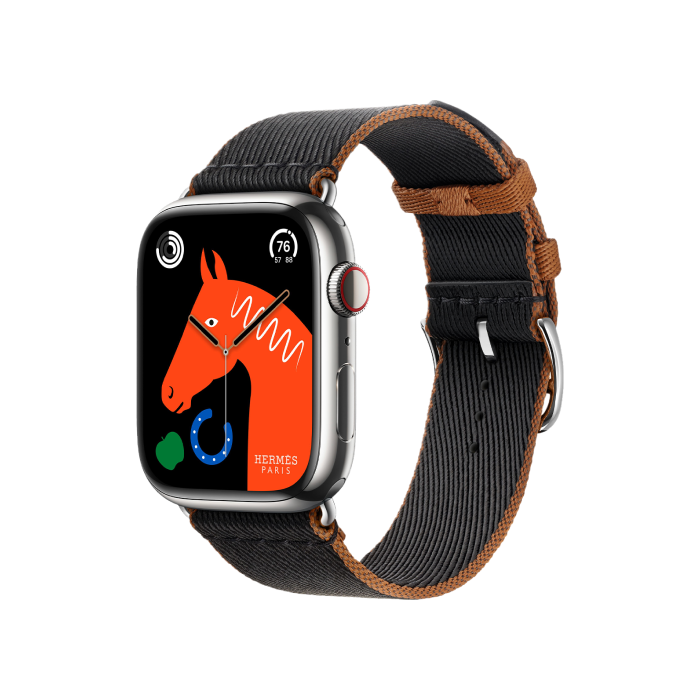 Apple Watch Hermès Series 9 GPS + Cellular 45mm Silver Stainless Steel Case with Noir/Gold Twill Jump Single Tour (MRQP3+MTHH3)