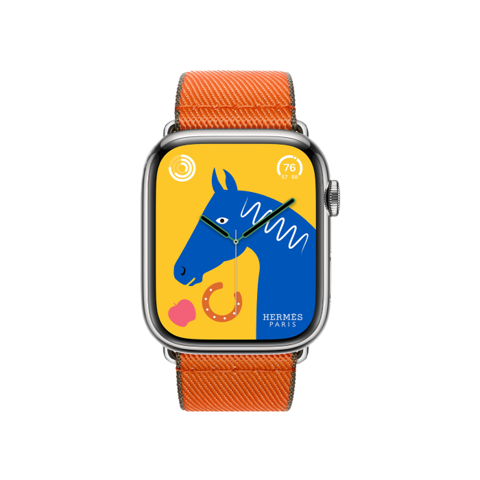 Apple Watch Hermès Series 9 GPS + Cellular 45mm Silver Stainless Steel Case with Orange/Kaki Twill Jump Single Tour