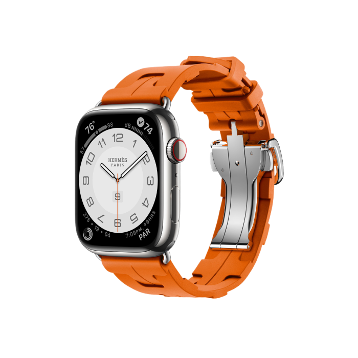 Apple Watch Hermès Series 9 GPS + Cellular 45mm Silver Stainless Steel Case with Orange Kilim Single Tour (MRQP3+MTJ03)