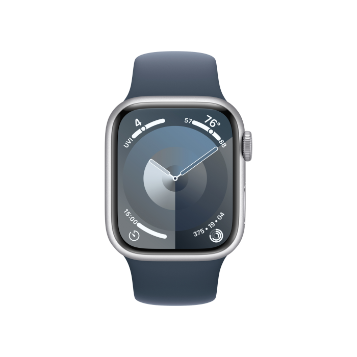Apple Watch Series 9 GPS 45mm Silver Aluminum Case w. Storm Blue Sport Band - S/M (MR9D3)