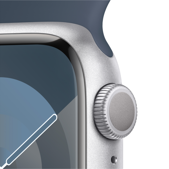 Apple Watch Series 9 GPS 45mm Silver Aluminum Case w. Storm Blue Sport Band - S/M (MR9D3)