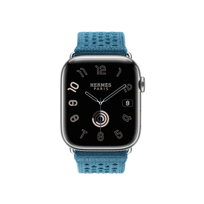 Apple Watch Hermès Series 9 GPS + Cellular 45mm Silver Stainless Steel Case with Bleu Jean Tricot Single Tour