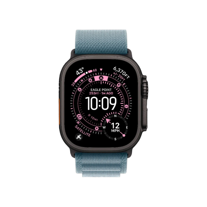 Apple Watch Ultra 3 GPS + LTE, 49mm Black Titanium Case with Light Blue Alpine Loop - Medium