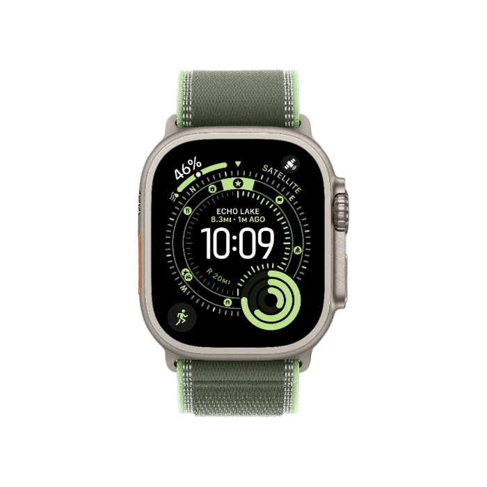 Apple Watch Ultra 3 GPS + LTE, 49mm Natural Titanium Case with Green/Neon Trail Loop - S/M